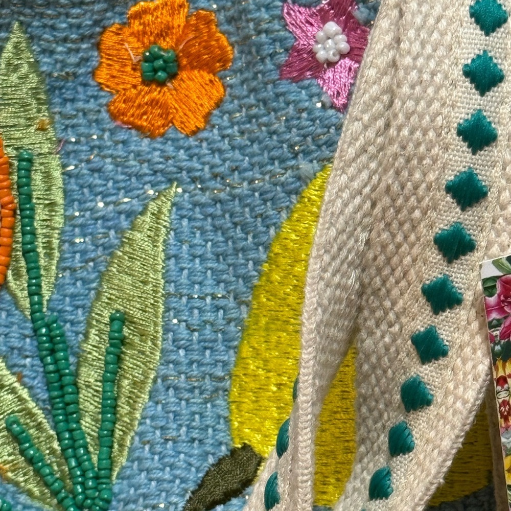 Beach Bag Express Edit Tote-Blue Tropical Embroidered Tote Bag with Pom-Pom Trim - Picture 10 of 16